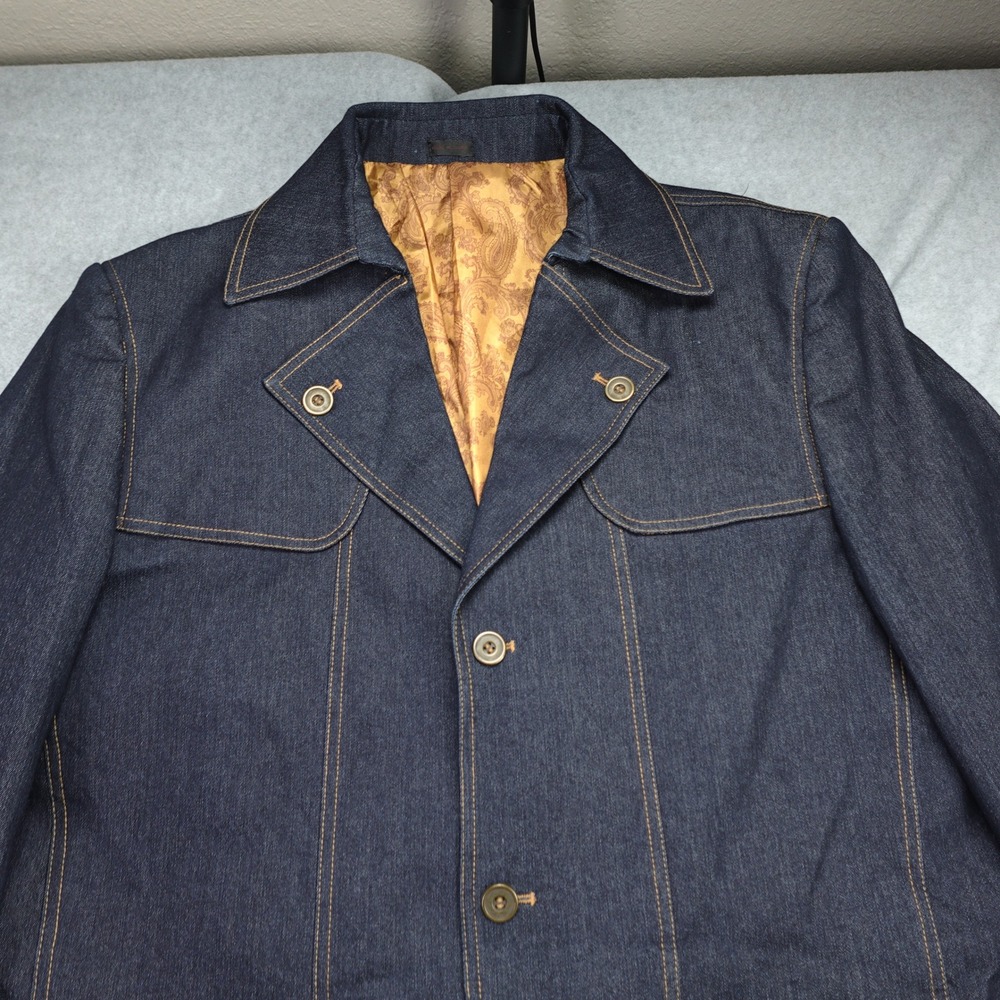 Bruno Rossetti Jacket Mens 48L Blue 70s‎ Paisley Lined Car Coat Denim Italy - Picture 2 of 15
